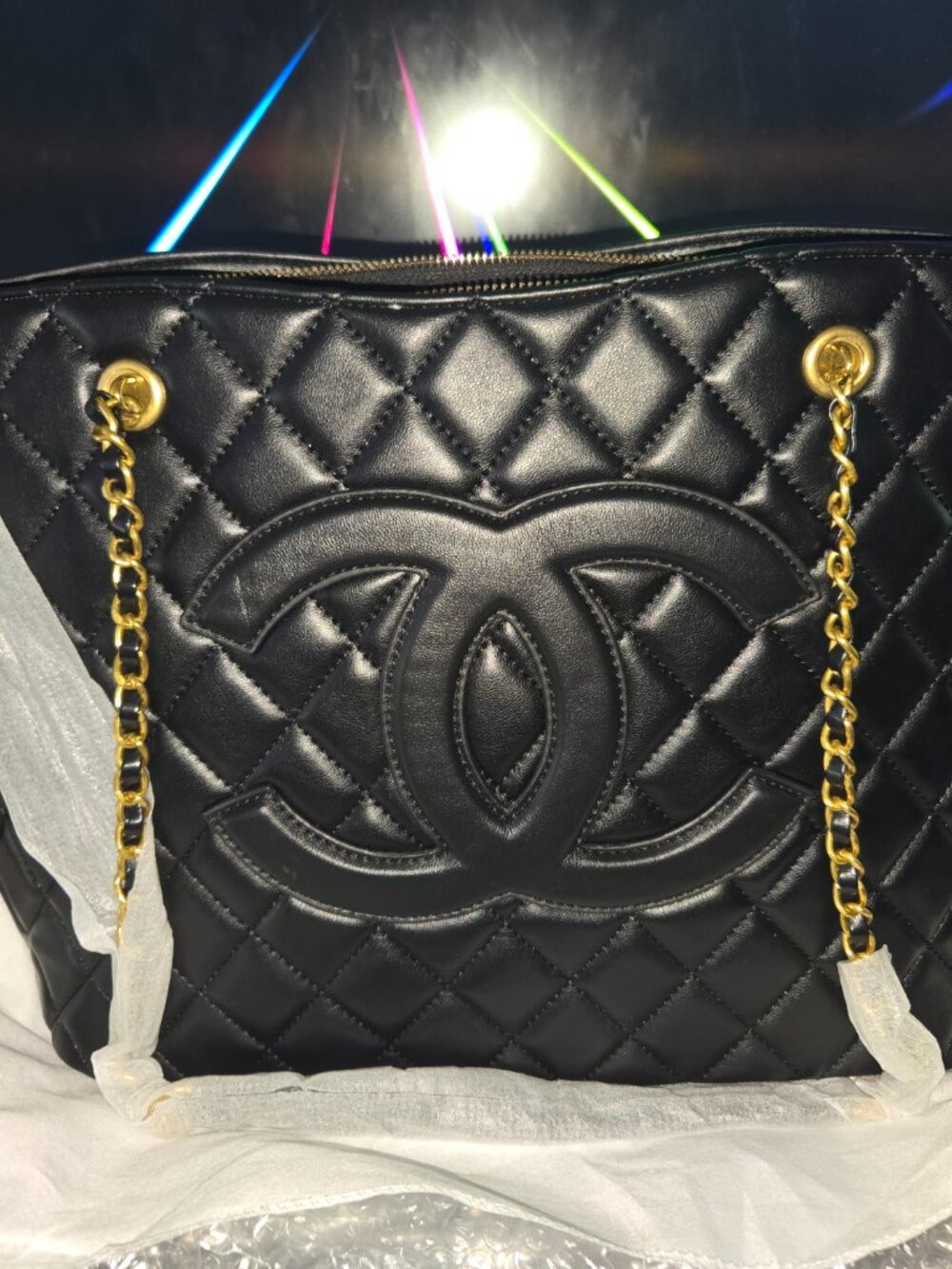 Black Quilted Leather Shoulder Bag with Gold Hardware
